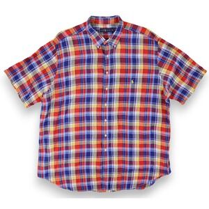 Ralph Lauren Shirt Linen Mens 3XLT Red Blue Yellow Plaid Button-Down